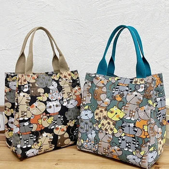 Новые холщовые женские сумки Портативная сумка для мамы Милая мультяшная кошка Шаблон Модные сумки с верхней ручкой Большие сумки для покупок для женщин