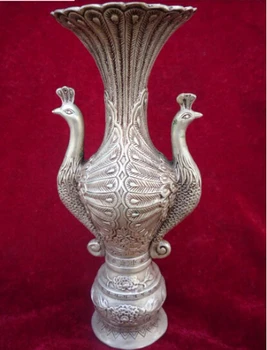 Очень редкое китайское искусство коллекционное Династия Мин Серебряная статуя павлина винтажная ваза медные инструменты свадебное украшение латунь бронза