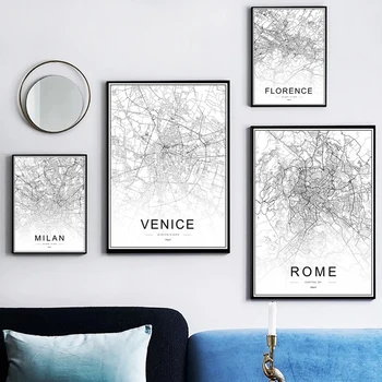 Черный Белый Италия Карта города Настенное искусство Милан Рим Флоренция Венеция Плакат и принты Минималистичная картина на холсте для декора стены комнаты