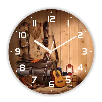 Деревенские западные ковбойские настенные часы для фермерского дома Старая американская кантри-музыка Большие круглые настенные часы LIving Room Кухня Домашний декор