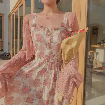летнее французское сладкое платье феи женщины элегантные жемчужные пуговицы с цветочным принтом оборки вечеринка женские кавайные корейские платья коттеджкор