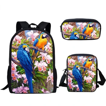 Cool Parrot Цветочный Птица Узор 3 шт./Комплект Рюкзак 3D-печать Школьный ученик Книжная сумка Ноутбук Рюкзак Плечо Сумка Пенал