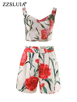 ZZSLUIA Винтажные шорты Костюмы для женщин Дизайнерский короткий жилет с цветочным принтом + шорты Twinset Модный наряд Женская одежда Комплекты одежды
