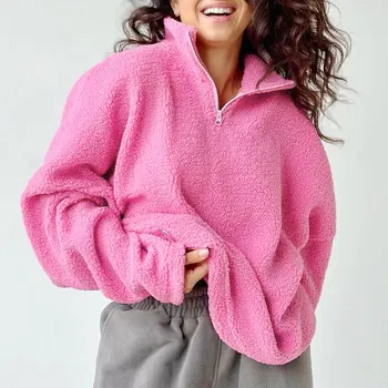 Женщина Осень Зима Мода Теплая Имитация Овечьей шерсти Топ Повседневный Универсальный Розовый Пуловер Куртка Толстовка Свободная верхняя одежда