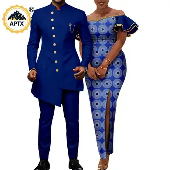 Африканский подходящий наряд для пар Bazin Riche Мужские куртки и брючные комплекты Dashiki Женские длинные платья Свадебная одежда Y23C047