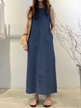 Синее летнее платье Женщины 2023 Мода Корея Элегантный Тонкий Имитация Деним Винтаж Свободный Без рукавов Длинное Платье Уличная одежда