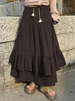  Винтажные длинные юбки для женщин Y2K Fairy Grunge Однотонная многоуровневая юбка с высокой талией 90-е годы Эстетическая юбка миди в стиле бохо со сборками