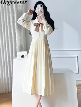 французский винтаж платье-рубашка женское 2023 осень с длинными рукавами вычурный стильный сладкий бант на шнуровке плиссированное платье миди повседневные vestidos