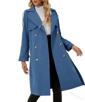 Новинка 2023 года Женщины Осень Зима Однотонный двубортный пальто Куртка С длинными рукавами Пряжка Ремень Мода Свободный