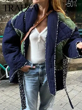 TRAFZA 2023 Зимнее утолщенное женское модное пальто на пуговицах с V-образным вырезом и длинными рукавами Женское контрастное хлопковое пальто на шнуровке