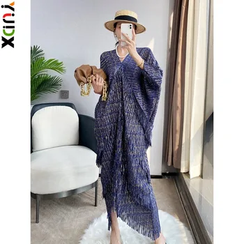 YUDX Miyake Плиссированное платье с кисточками Женщины с V-образным вырезом Batwing Sleeve Medium Long Весна Лето Новинка 2024 Элегантная женская мода