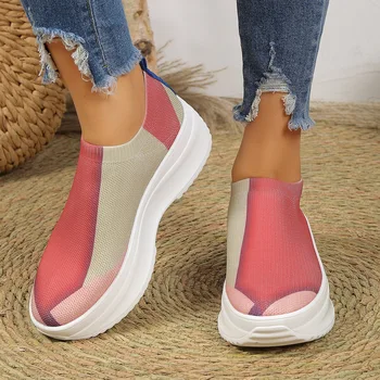Смешанные цветные дышащие сетчатые кроссовки Женские лоферы 2023 года с принтом Коренастые лоферы на платформе Женская обувь Большие размеры Нескользящая обувь для ходьбы