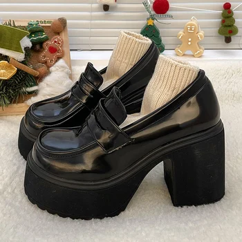 Lucyever Pu Leather Женские лоферы на платформе 2023 Gothic Black Chunky High Heels Pumps Woman Preppy Style Jk Uniform Shoes Mujer
