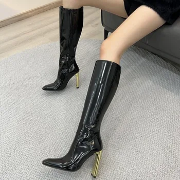  черные лакированные высокие сапоги женские 2023 зимние новые модные женские сапоги с острым носком супер высокий каблук 8 см или выше современные ботинки