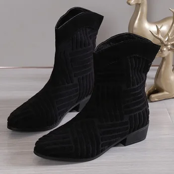  Зимние современные сапоги на квадратном каблуке до середины икры для женщин 2023 Мода Низкая резиновая женская обувь Сплошные сапоги с заостренным носком Botas Mujer