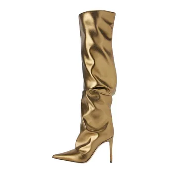 плиссированные однотонные остроконечные сапоги до колена золотые туфли на шпильке длинные ботины скольжение на больших размерах для женщин botas femininas