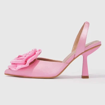 Розовый атласный острый носок Slingback Горный хрусталь Роза Сандалии Женщины Дизайнер Тонкий Высокий Каблук Скольжение На Мюлях Женская Классическая Обувь