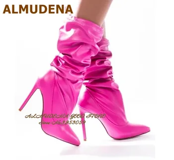 ALMUDENA Розовые матовые складные сапоги цвета фуксии Туфли на шпильке Сапоги с острым носком до середины икры Ботинки на шнуровке Два способа носить классические туфли
