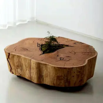 Чайный столик из массива дерева Журнальный столик в стиле ретро Чайный столик ручной работы из натурального бревна Чайный столик нерегулярного искусства