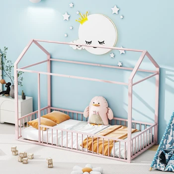 Детская кровать 90 x 200 металлическая кровать каркас кровати с ограждением для детей, подростков, девочек, мальчиков, розовый