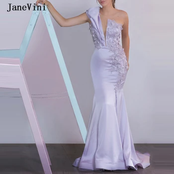JaneVini Элегантные светло-фиолетовые длинные выпускные платья русалки на одно плечо цветы ручной работы из бисера развертка поезд атласное женское платье для вечеринок