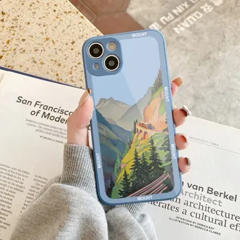 Эстетическое искусство Раскрашенный горный пейзаж Чехол для телефона для IPhone 14 13 12 11 Pro Max X XR XS 8 7 Plus Цветной металлический стеклянный чехол для телефона