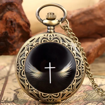 Нормальный стандартный размер Крест Крылья Узор Кварцевые карманные часы Ожерелье Кулон Цепочка Часы для мужчин и женщин