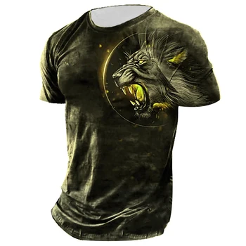2023Винтажная мужская футболка с принтом льва и укороченным пупком 3D Верхняя одежда Оверсайз О-образный вырез Графическая футболка Мальчики Уличная одежда 2022