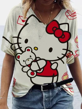 Hello Kitty Симпатичная рубашка с принтом V-образным вырезом Топ-футболка Модная повседневная женская свободная футболка 2023 Новое лето с коротким рукавом