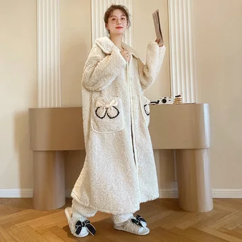 Зимний фланелевый пижамный комплект для женщин Сладкая толстая теплая пижама Ночная рубашка с капюшоном и брюками Свободный пижамный костюм Домашняя одежда