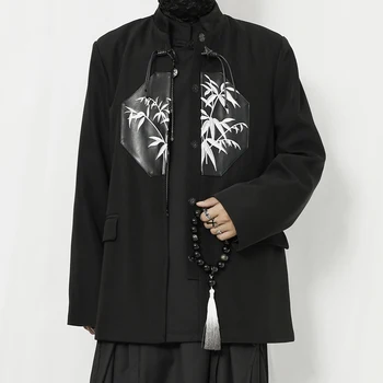 Оригинальный мужской повседневный пиджак, вышивка воротником-стойкой в новом китайском стиле, лоскутная кожа, свободный костюм Чжуншань