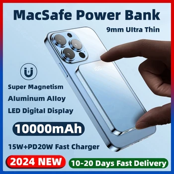  Новое металлическое стекло 10000 мАч Магнитный беспроводной внешний аккумулятор 15 Вт Быстрое зарядное устройство для iPhone 12 13 14 15 Pro Max Внешний вспомогательный аккумулятор