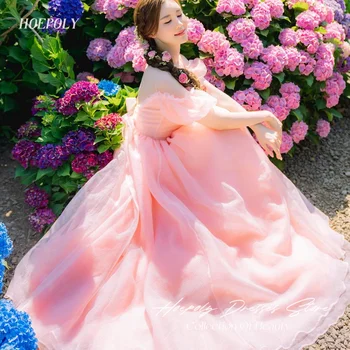 Hoepoly Пышные рукава Официальный случай Свадебное платье Тюль Розовый Элегантные Корейские выпускные платья Вечерние платья для особых случаев