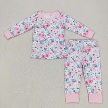 Оптовая детская одежда Горячая распродажа Baby Girls Boutiuqe Kids Цветочный розовый и белый брюки с длинным рукавом костюм