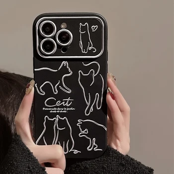 Чехол для телефона Dark Style Art Line Cat для iPhone 15 14 13 12 11 Pro Max 7 8 Plus X XS XR Lens Protected Simple Soft Silicone Cover