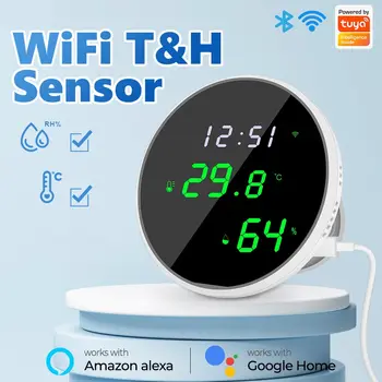 Tuya WiFi Датчик температуры и влажности Умный внутренний гигрометр Термометр со светодиодной подсветкой дисплея Поддержка Google Home Alexa