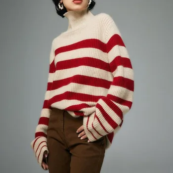 Водолазка Красный полосатый свитер, Зимние свободные джемперы оверсайз, Пуловеры из толстой вязки, Повседневные топы, Толстовка , Traf, Y2k