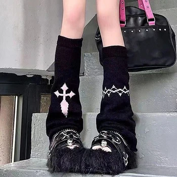 Женщины E-girl Готика Панк Гетры для ног Асимметричные носки до колена с принтом креста Y2K Эстетические манжеты ботинок 90-х годов Винтажная уличная одежда