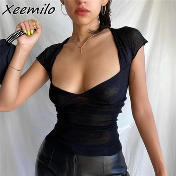 Xeemilo Сексуальная черная футболка с квадратным вырезом и открытой спиной Y2K Aesthetic Mesh Sheer Hollow Out Укороченный топ Лето Уличная футболка с коротким рукавом