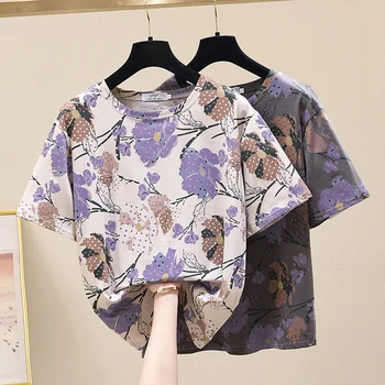 Повседневные винтажные базовые хлопковые футболки Женская футболка оверсайз с цветочным принтом Женские летние уютные топы 2023 Harajuku Y2K Абрикос