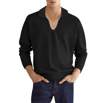 Новые мужские футболки Повседневная свободная футболка с длинным рукавом Однотонный лацкан с U-образным вырезом Пуловеры Блузка Топы Мужская одежда