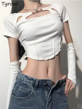 Футболки Женщины Hollow Out Design Solid Simple Summer Slim Leisure Sexy Fashion All-match Classic Daily Ladies Korean Style Tops