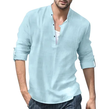  Мужская рубашка Henley Однотонная стойка с длинным рукавом Воротник-стойка Пуговицы Свободные простые льняные пляжные топы