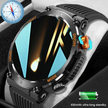2024 Новые мужские военные смарт-часы Светодиодный фонарик 360 * 360 HD Экран Bluetooth Вызов На открытом воздухе Спорт Здоровье Умные часы Компас