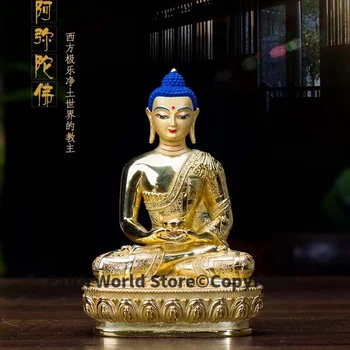 Тибет Непал Высококачественная хорошая статуя Будды ГЛАВНАЯ Алтарь эффективный Защита Амитабха Амитаюс Позолоченная медная статуя Будды